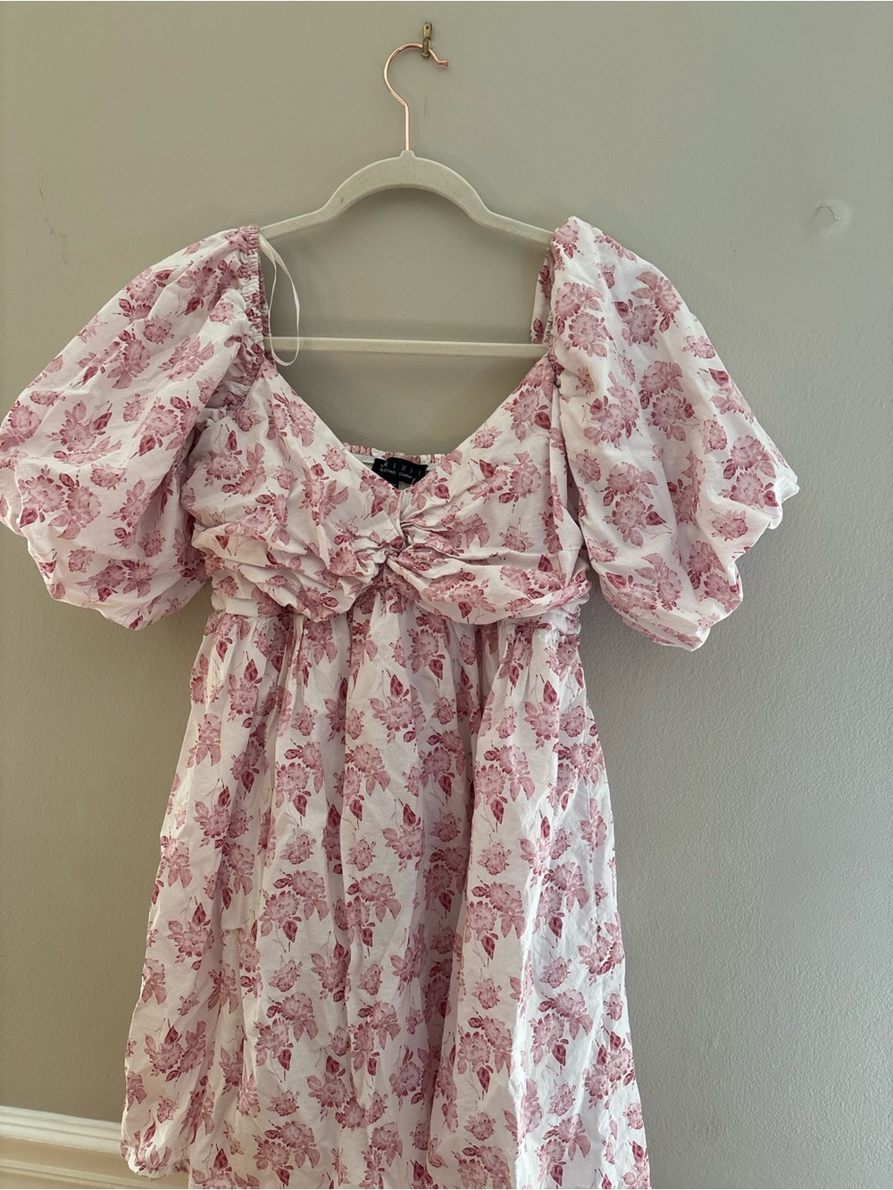 Puff Sleeve Floral Babydoll Dress - Pink on White
